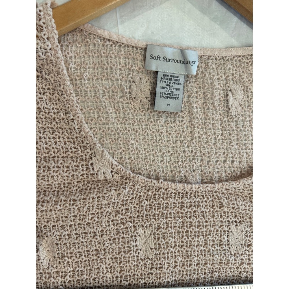 Soft Surroundings Crochet Top Womens Medium Beige Floral Lace Hem Short Sleeve - Picture 5 of 8